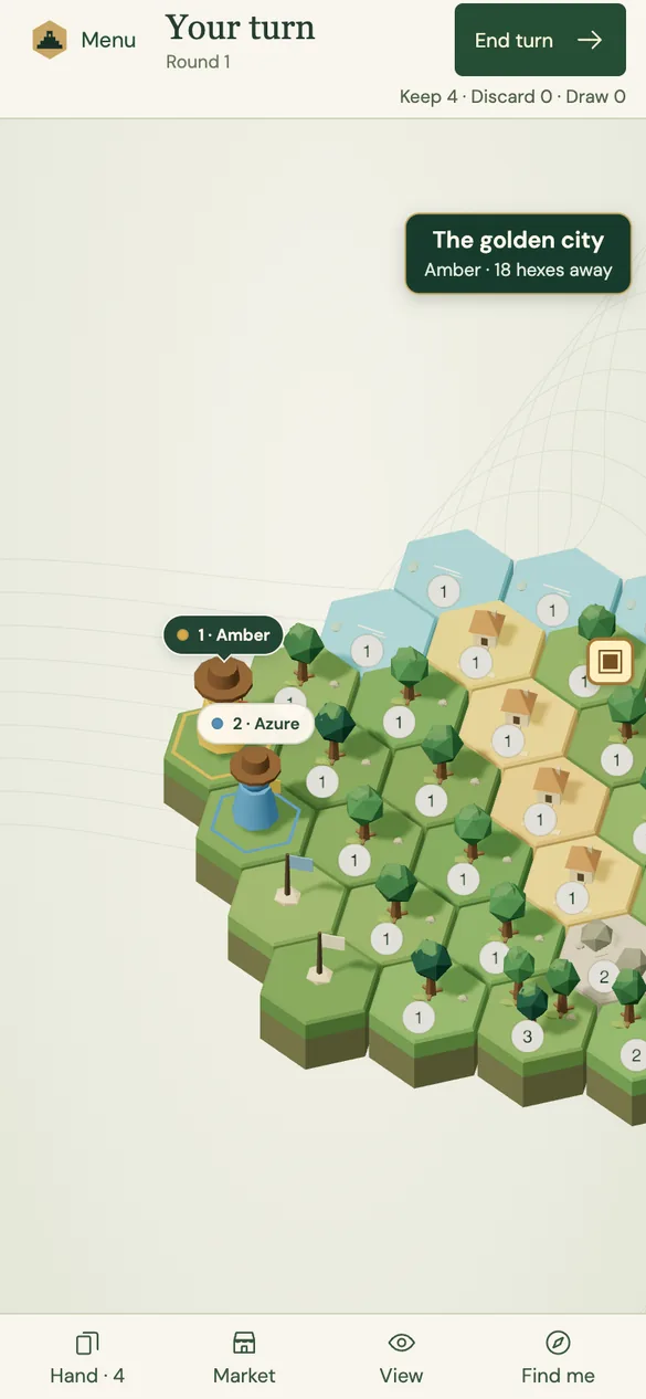 The hex map with two explorers at base camp