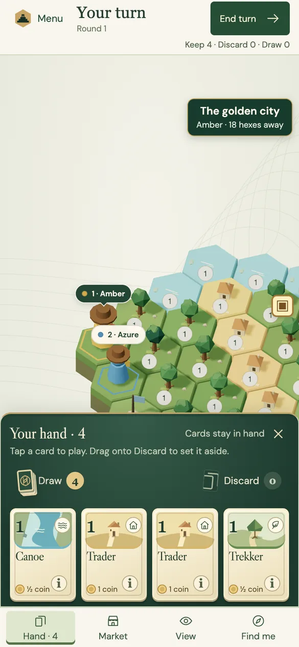 A hand of four cards open over the hex map