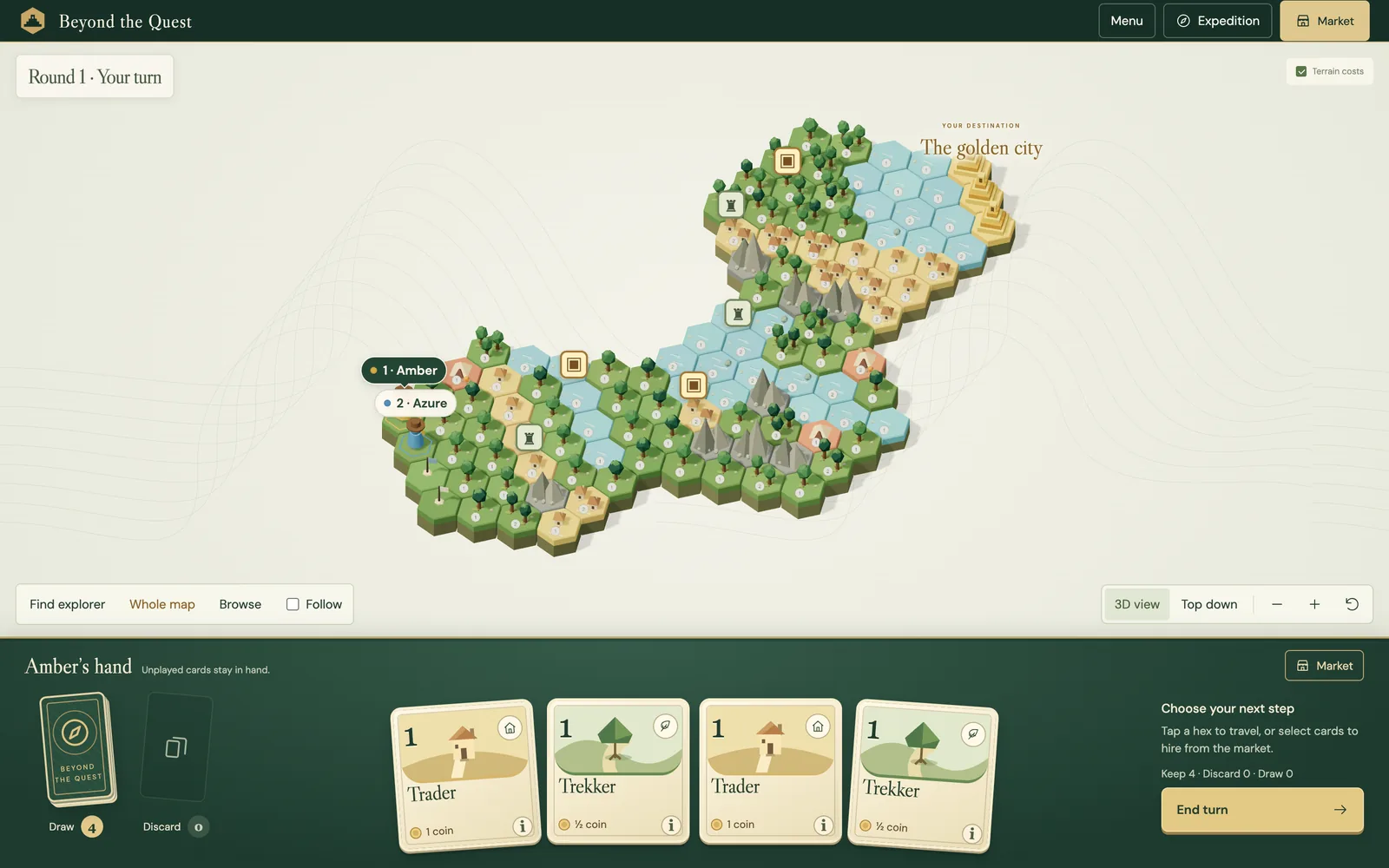 The game in a browser: a whole generated map from base camp to the golden city, with a hand of four cards below